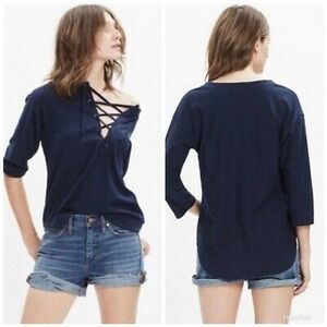Madewell Women's Libra Lace Up Neckline Quarter Sleeve Knit Top Blue Size Small